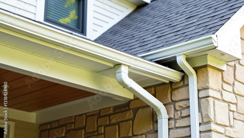Obraz na płótnie White gutter guard system, fascia, drip edge, soffit, and downspout strap with horizontal vinyl siding at an upscale single-family home neighborhood. w salonie
