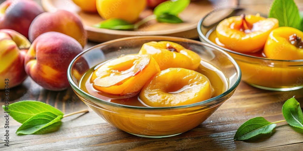 Fresh yellow peaches submerged in a rich sweet syrup, with the syrup slightly caramelized and the peaches beginning to soften, dessert ingredient, summer fruit Fresh yellow peaches submerged in a rich sweet syrup, with the syrup slightly caramelized and the peaches beginning to soften, dessert ingredient, summer fruit