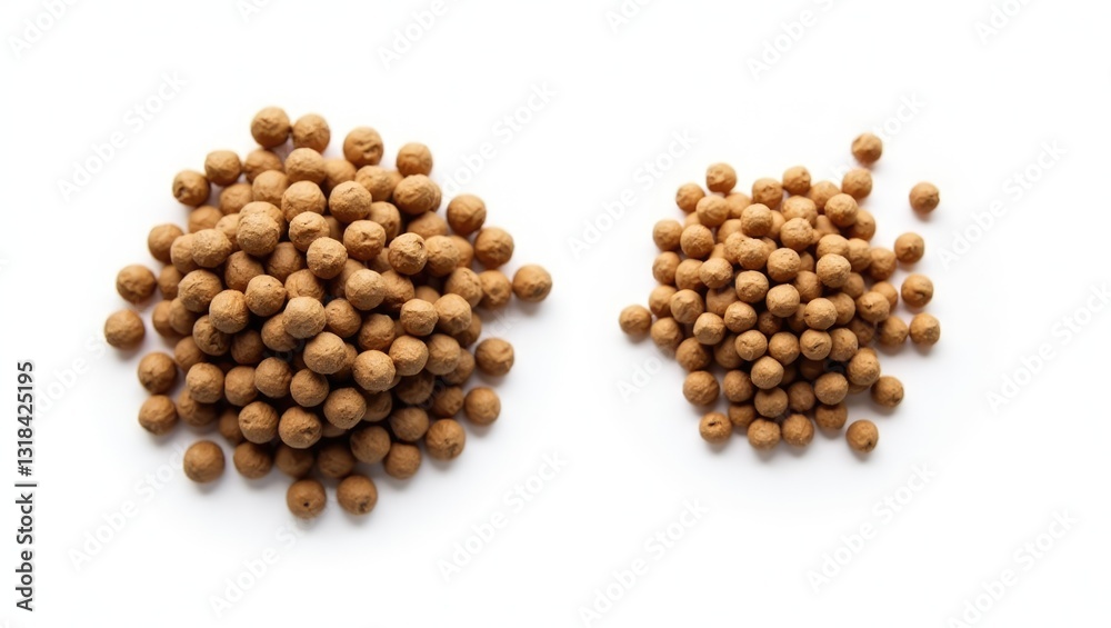 5mm and 3mm fish feed pellets. Two distinct sizes. White background.