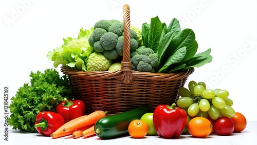 Fresh organic vegetables and fruits in a wicker basket