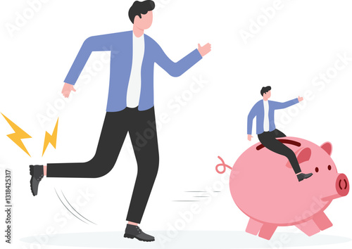 An illustration of a businessman riding a piggy bank and running under a dangerous men foot ready to step on it.


