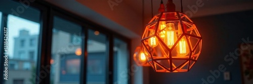 Geometric patterned light fixture with glowing light bulbs in a modern room, room, modern, glow