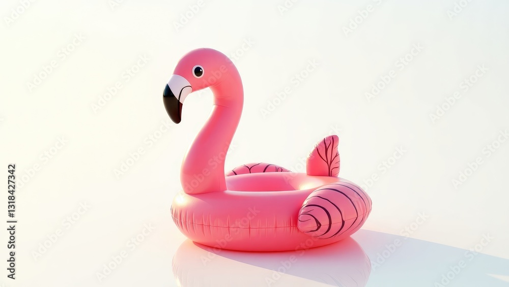 Flamingo design. Inflatable pink flamingo for pool at the beach set against a white background. Minimalist summer theme. Flamingo design. Inflatable pink flamingo for pool at the beach set against a white background. Minimalist summer theme.