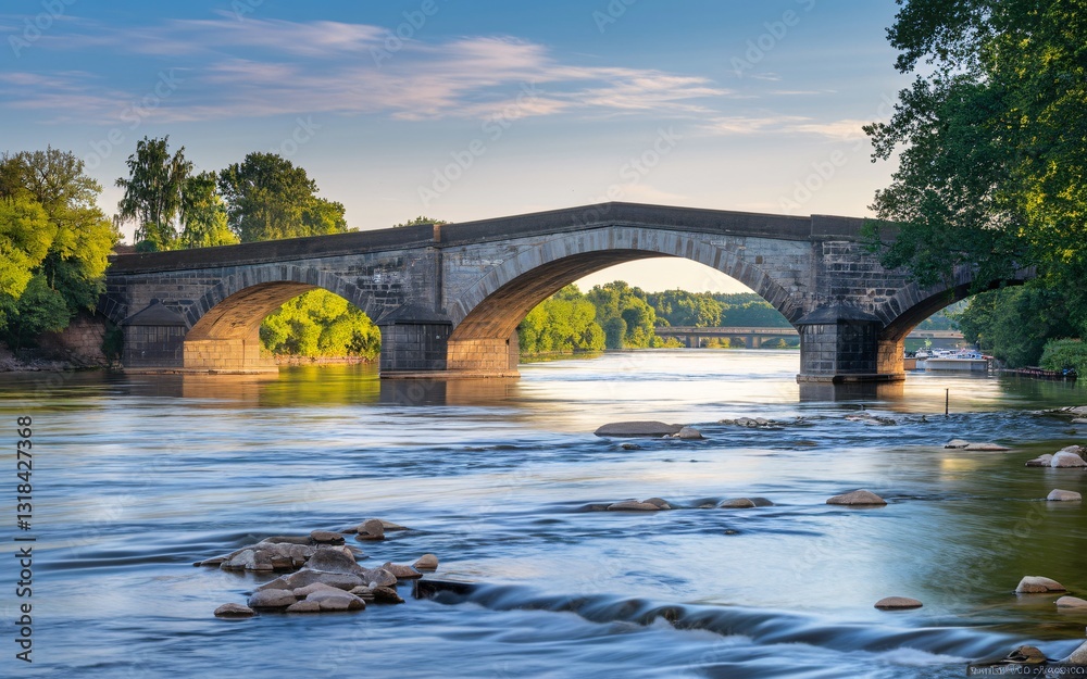 Fototapeta premium Rhine River Germany ,Europe Stone Bridge over River at Dawn