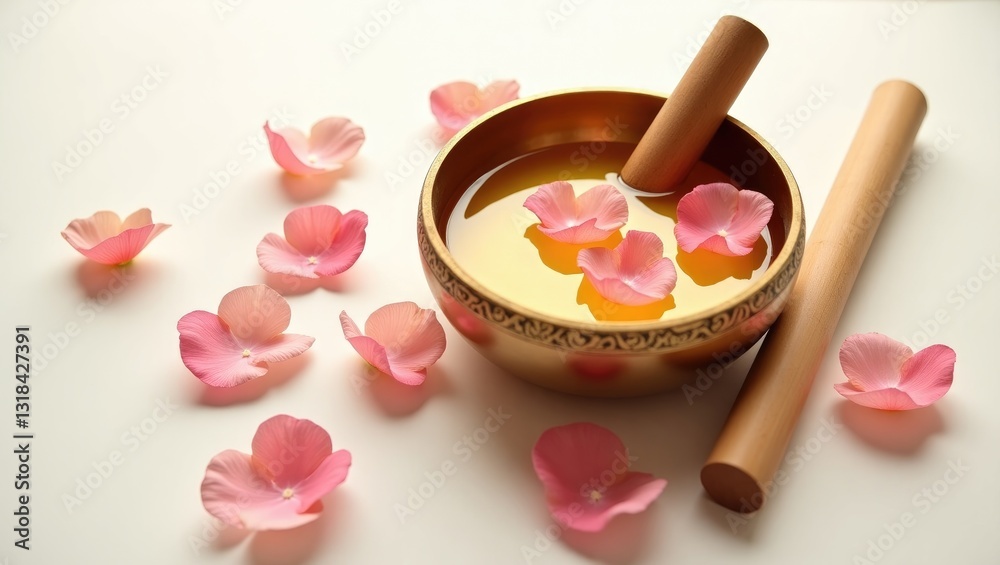 Golden singing bowl surrounded by petals and a mallet on a white background, flat lay. Sound healing Golden singing bowl surrounded by petals and a mallet on a white background, flat lay. Sound healing