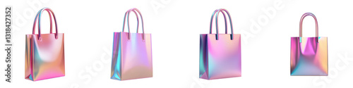 Vibrant Iridescent Tote Bags with Shiny Metallic Holographic Finish in Contemporary Geometric Fashion Style for Retail Shopping and Accessory Concept photo