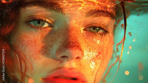 Ethereal Portrait of a Woman Submerged in Water with Fiery Reflections and Freckles