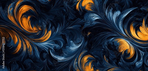 Luxury abstract ice pattern in indigo and orange with swirling details on dark backdrop, top view.