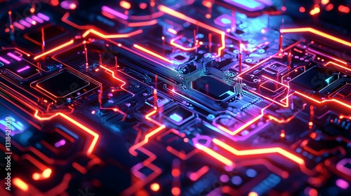 Wallpaper Mural A radiant circuit board design lit up in vibrant neon shades highlights complex links and its electronic parts, making Torontodigital.ca