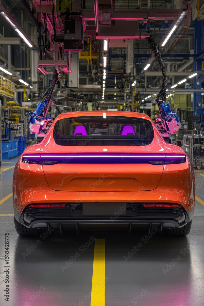 Obraz premium Sleek Electric Car in High-Tech Manufacturing Facility with Robotic Arms