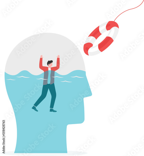 An illustration of a man floating with a lifesaver waves for help

