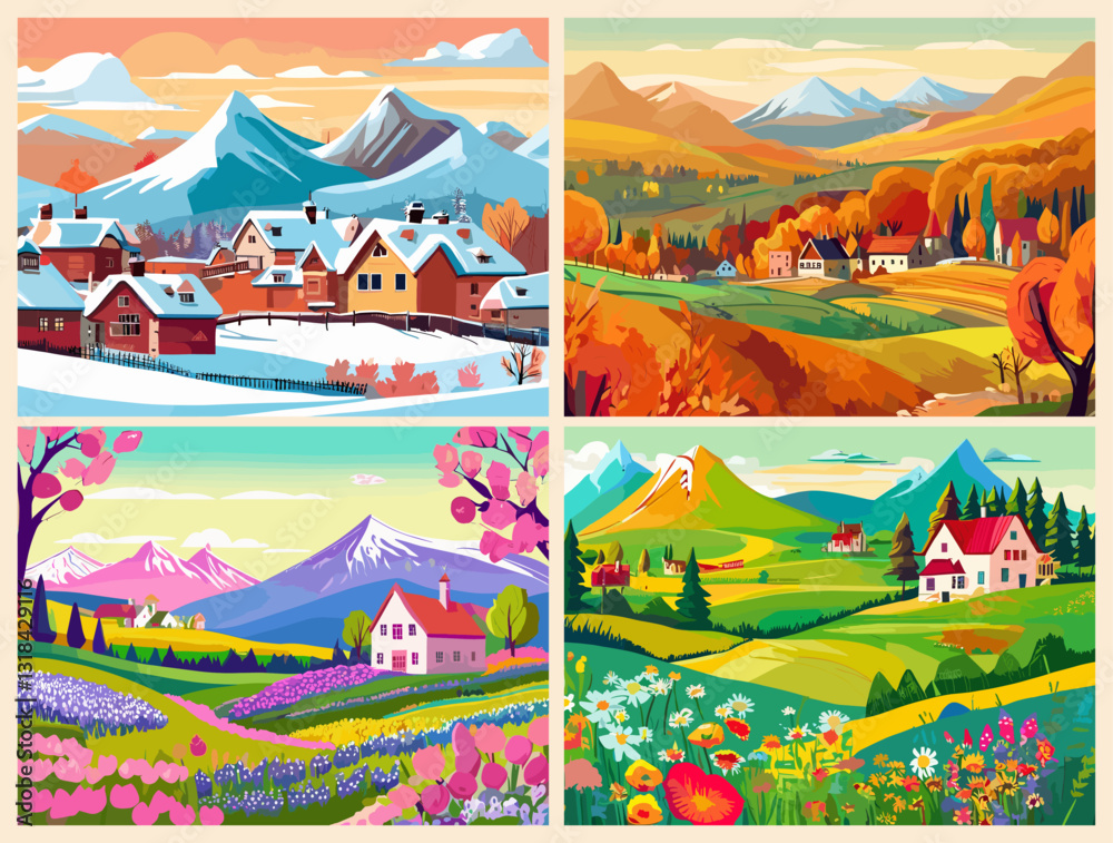Naklejka premium Set of four seasons backgrounds, banners. Winter, spring, summer, autumn nature landscapes. Colorful backdrops, covers with trees, mountains, village houses. Vector art illustrations.