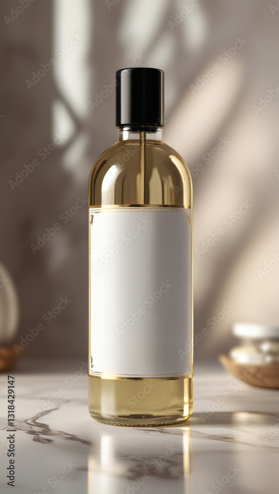 custom made wallpaper toronto digitalElegant glass bottle of golden liquid with a black cap and blank label, evoking luxury and sophistication in a natural setting.