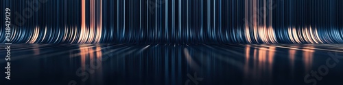 Front view of vertical lines on navy background, glossy reflections and an elegant minimalist look.