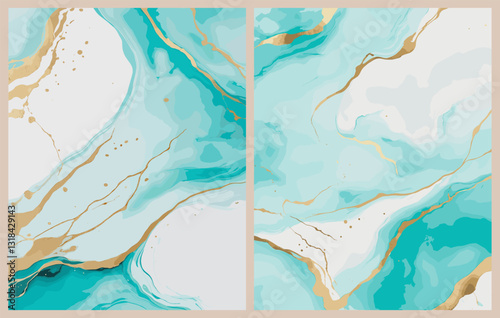 Turquoise and gold marble luxury background. Liquid teal marble or alcohol ink texture. Fluid art for design covers, presentation, invitation, flyers, posters, business cards. Modern vector artwork.