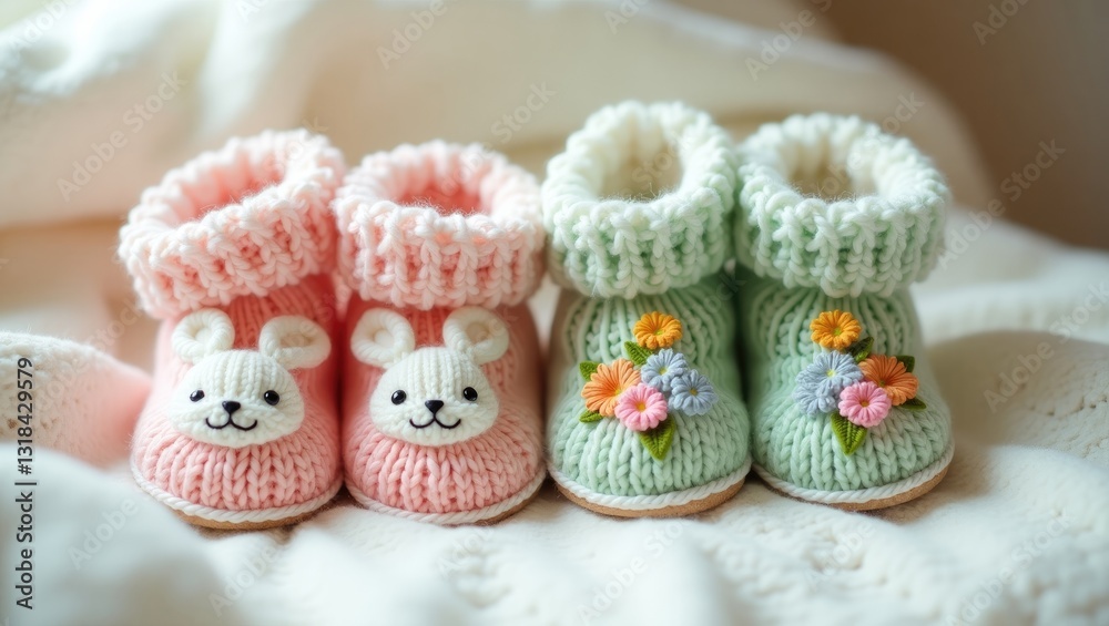 Fototapeta premium Pink and green knitted children's shoes displayed on a white background featuring copy space. First birthday banner, handmade socks, warm clothing for babies, and knitted handmade socks.
