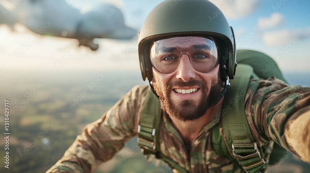 Fototapeta premium Military Parachutist Captures Selfie Mid-Jump with Aircraft in Background