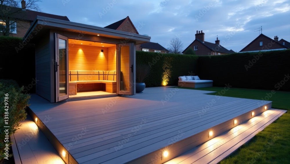 Ash grey composite decking constructed in a two-level back garden with low voltage deck lights installed as well. Suitable image for a landscape gardener. Ash grey composite decking constructed in a two-level back garden with low voltage deck lights installed as well. Suitable image for a landscape gardener.