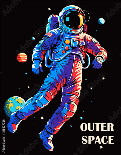 Astronaut in space retro Poster, background, cover. Space and the universe concept. Cosmonaut in spacesuit flying in galaxy with stars and planets. Vintage style vector colorful illustration.