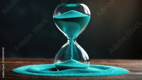 Sand flowing through the bulbs of an hourglass indicating the passage of time in a countdown to a deadline, set against a dark background with empty space.