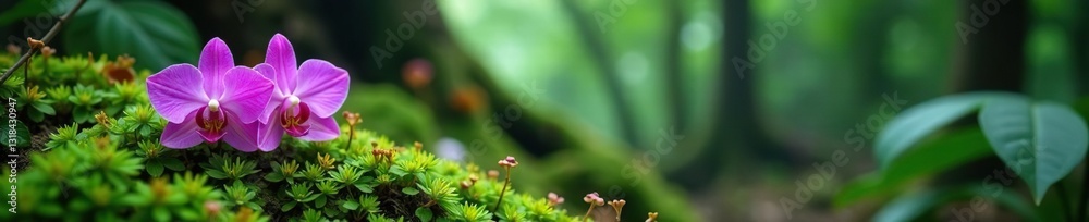 Exotic purple orchid blooms on a mossy forest floor, exotic flowers, orchid, tropical Exotic purple orchid blooms on a mossy forest floor, exotic flowers, orchid, tropical