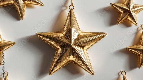 Golden Christmas Star showcased against a white background. Aerial close-up of gold star rendering.