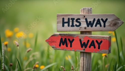 God Jesus Christ's way of life, handwritten text on a wooden sign in a natural setting. Path, journey, obedience, and guidance. Close-up.