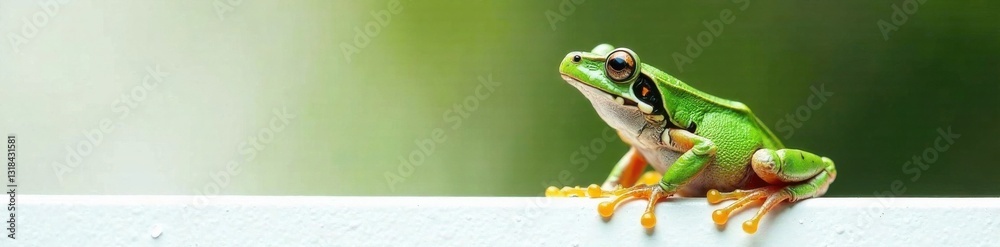 Fototapeta premium Grenouille pos?e sur le panneau blanc, la t?te lev?e vers le ciel, green, white panel, pond life