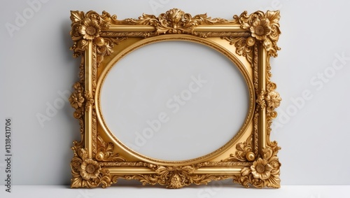 Golden frame for paintings, mirrors, or photos isolated against a white backdrop. Design element featuring a clipping path.