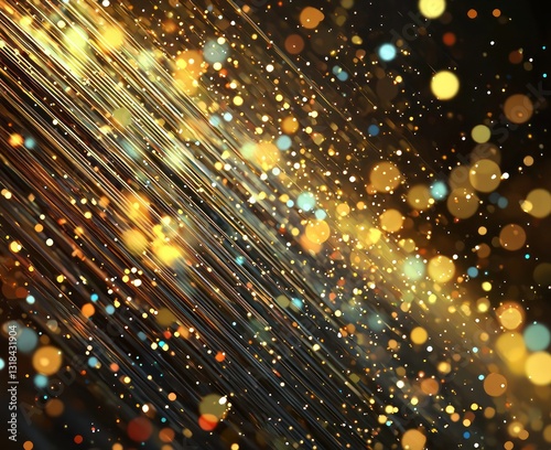 Blurred dots in gold and black, optical fiber technology theme captured at diagonal angle.