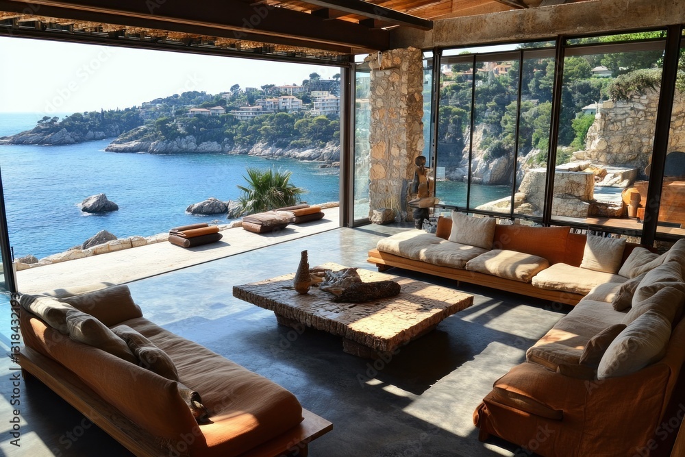 Fototapeta premium Luxurious coastal living room with ocean view.