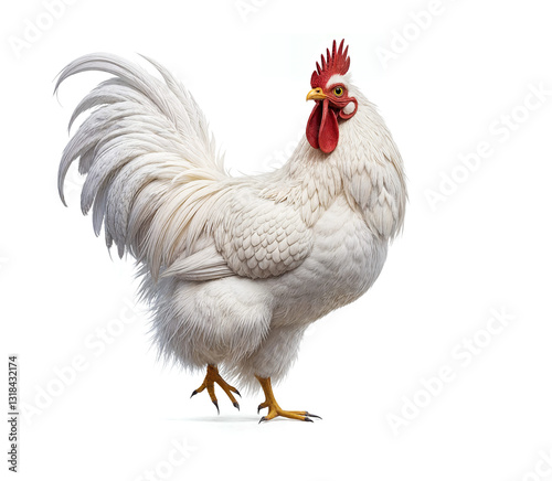 Realistic white chicken, rooster, AI-generated image, high detail, isolated on white