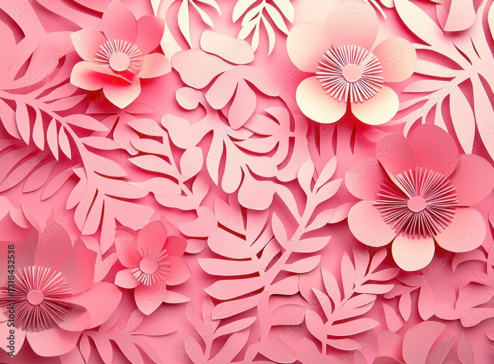 Fototapeta premium Beautiful pink floral paper cutouts on a blush background, vivid and detailed top-down view.