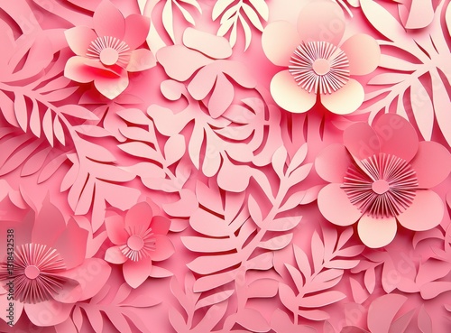 Beautiful pink floral paper cutouts on a blush background, vivid and detailed top-down view.