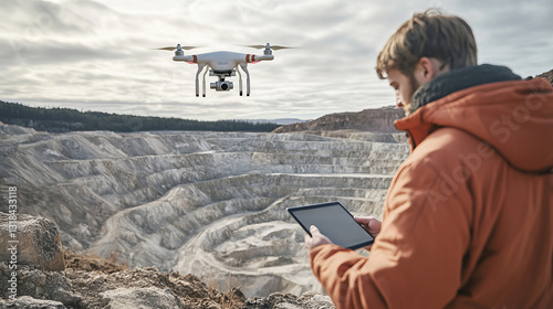 Drone Flying Over Open Pit Mine Capturing Topographical Data with Operator at Edge