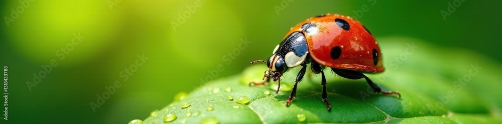 Fototapeta premium Ladybug's elytra glisten with dew as it soaks up the morning sunlight, greenery, entomology