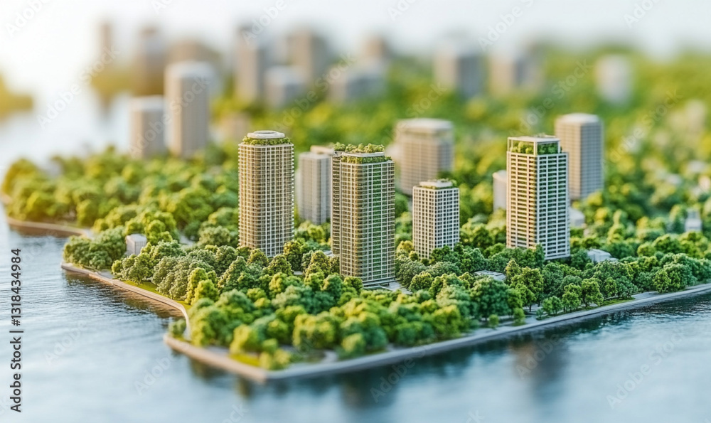Fototapeta premium Futuristic eco-friendly city with modern green buildings surrounded by lush nature, symbolizing sustainability and urban innovation.