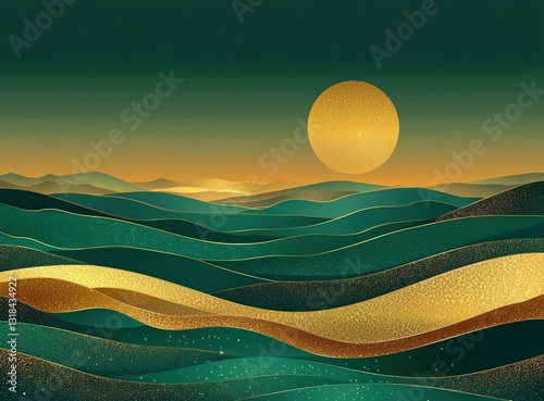 Sophisticated sunset design with emerald and gold gradients, perfect for elegant banners, top view.