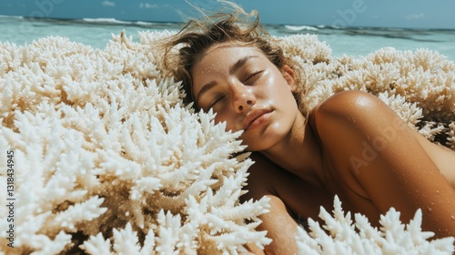 A woman relaxes on a beach surrounded by white coral under a clear blue sky.