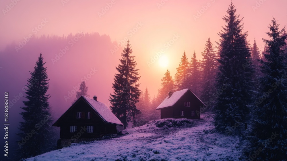 Naklejka premium The serene winter countryside is adorned with rolling hills covered by a gentle layer of snow, while leafless trees stand against a pastel pink and lavender sky