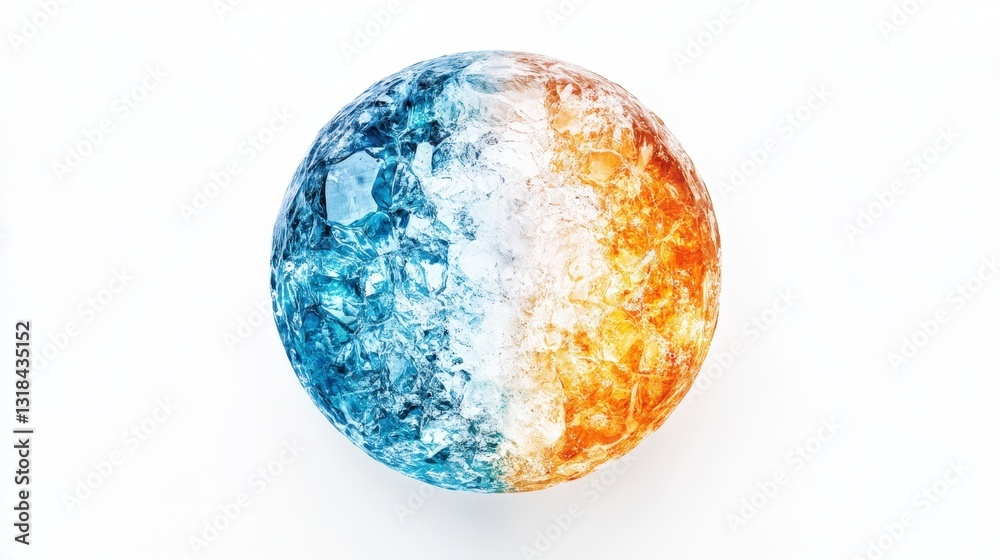 A vibrant ice ball showcasing intricate layers of blue, white, and orange hues sits centrally. Its top half tilts left, revealing mesmerizing detail and color contrast in this captivating view A vibrant ice ball showcasing intricate layers of blue, white, and orange hues sits centrally. Its top half tilts left, revealing mesmerizing detail and color contrast in this captivating view