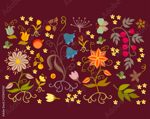 Flowers, berries, leaves and butterflies on beautiful card.