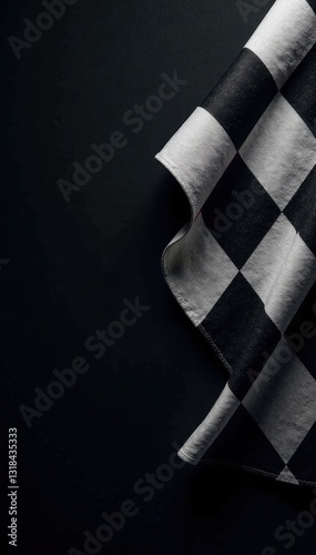 Horizontal black and white checked sport flag with racing stripes pattern on a dark background , racing, athletics, checkered flag