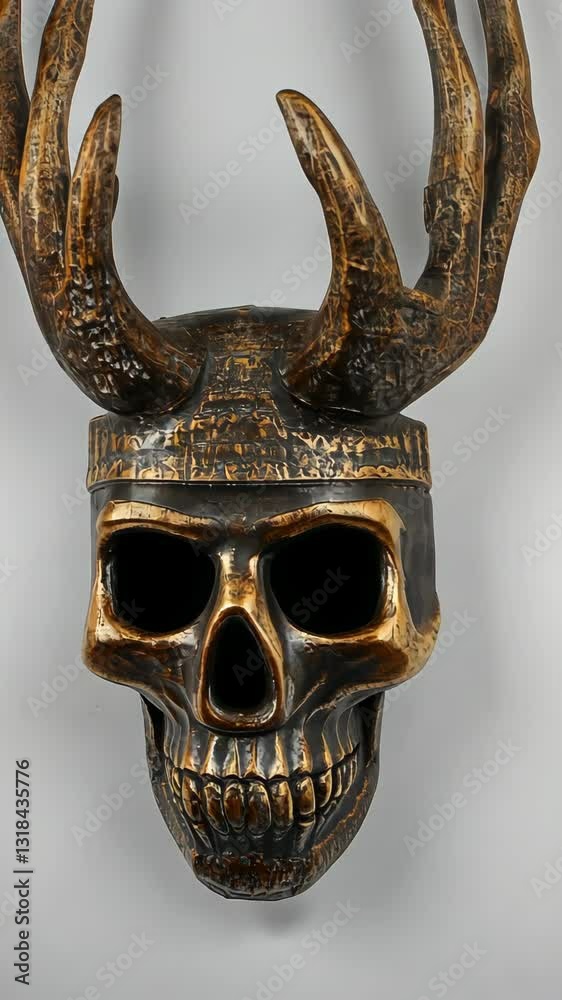 Unique decorative skull mask with antlers showcasing intricate carvings and textures, perfect for themed decor