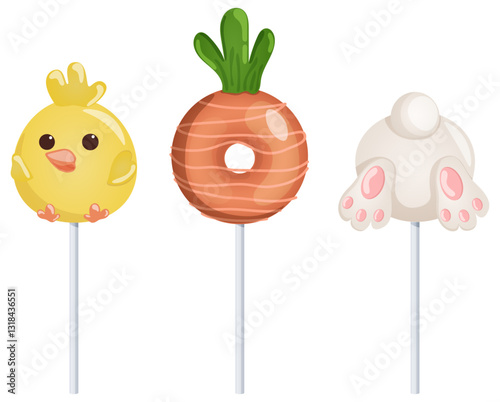 Festive Easter Cake Pops Collection with Bunny Butt, Donut Shaped Carrot and Baby Chick. Confectionery Decorated Pastries