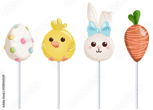 Easter Theme Cake Pops Variety Set. Easter Egg, Baby Chick, Bunny and Carrot Shaped Lollies. Festive Dessert Illustration