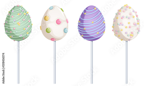 Easter Egg Cake Pops with Vanilla and Mint Flavours with Colorful Sprinkle Toppings. Festive Confectionery Dessert Collection