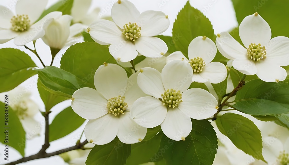 Fototapeta premium White dogwood blossoms opening delicately, surrounding green foliage, resting against pristine white backdrop,leaf, delicate, elegance, greeting, horizontal, invitation, out, poster, 45