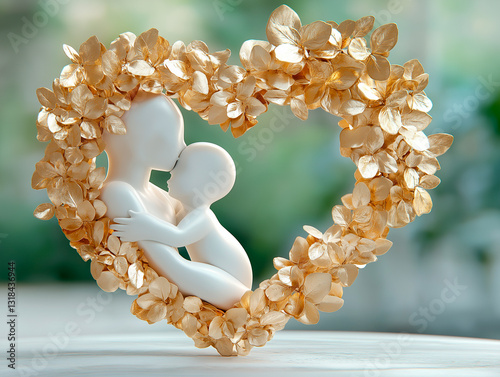 A white sculpture of a mother embracing her child inside a golden heart. A symbol of unconditional love and care, perfect for family, motherhood, and sentimental designs.