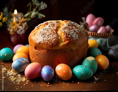 Easter celebration bread with colorful eggs cozy kitchen food photography festive atmosphere close-up view seasonal tradition photo